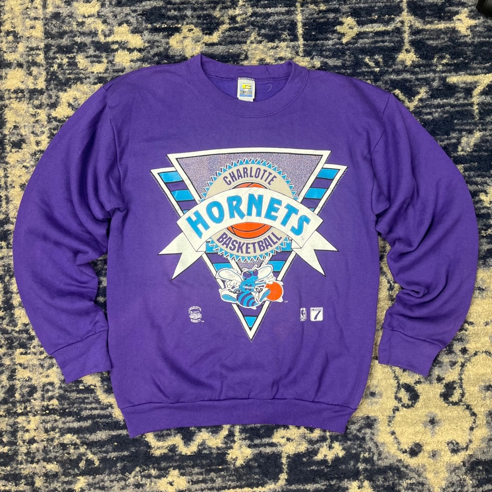 Vintage Charlotte Hornets Sweatshirt Mens Large Purple Logo 7 NBA Competitor USA